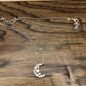 Vtg Rhinestone Cresent Moon Pendent/ Necklace. 925 Sterling Silver 17” necklace